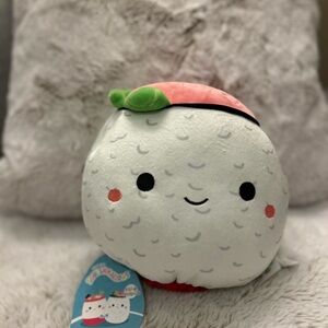 NWT Squishmallows Raisy and Shun White and Pink Sushi Ball Plush with Green Leaf